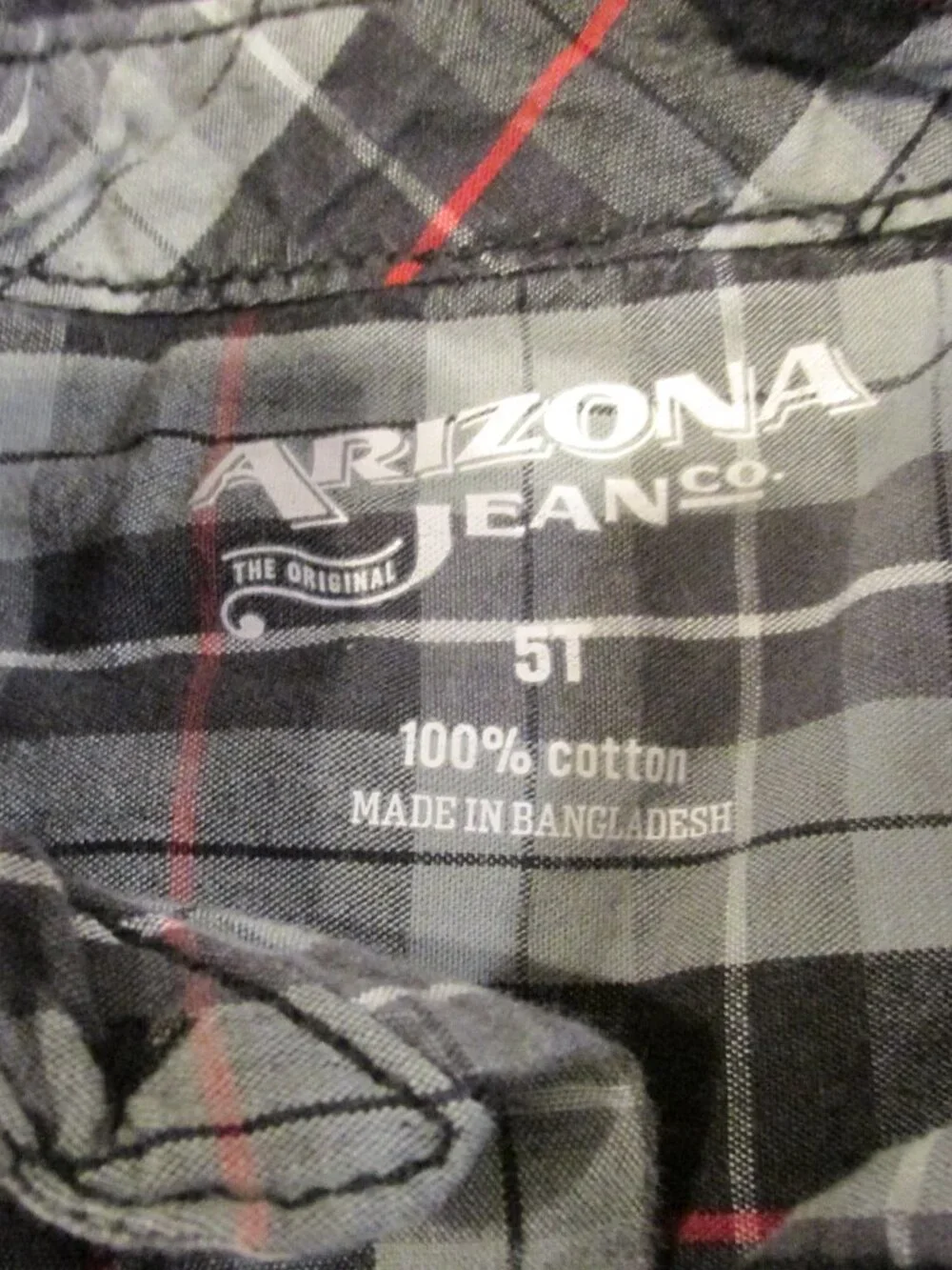 Arizona Button Up Dress Shirt Boys 5T Black Gray Plaid Long Sleeve Collared Top
